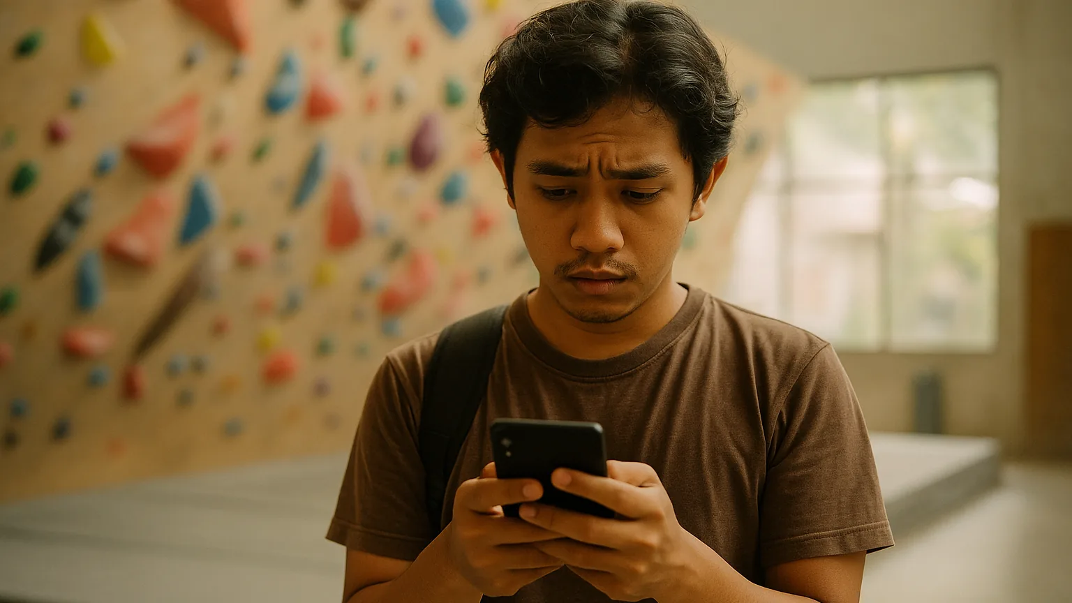 Calon anggota membaca halaman pendaftaran klub panjat di ponselnya di kaki dinding bouldering