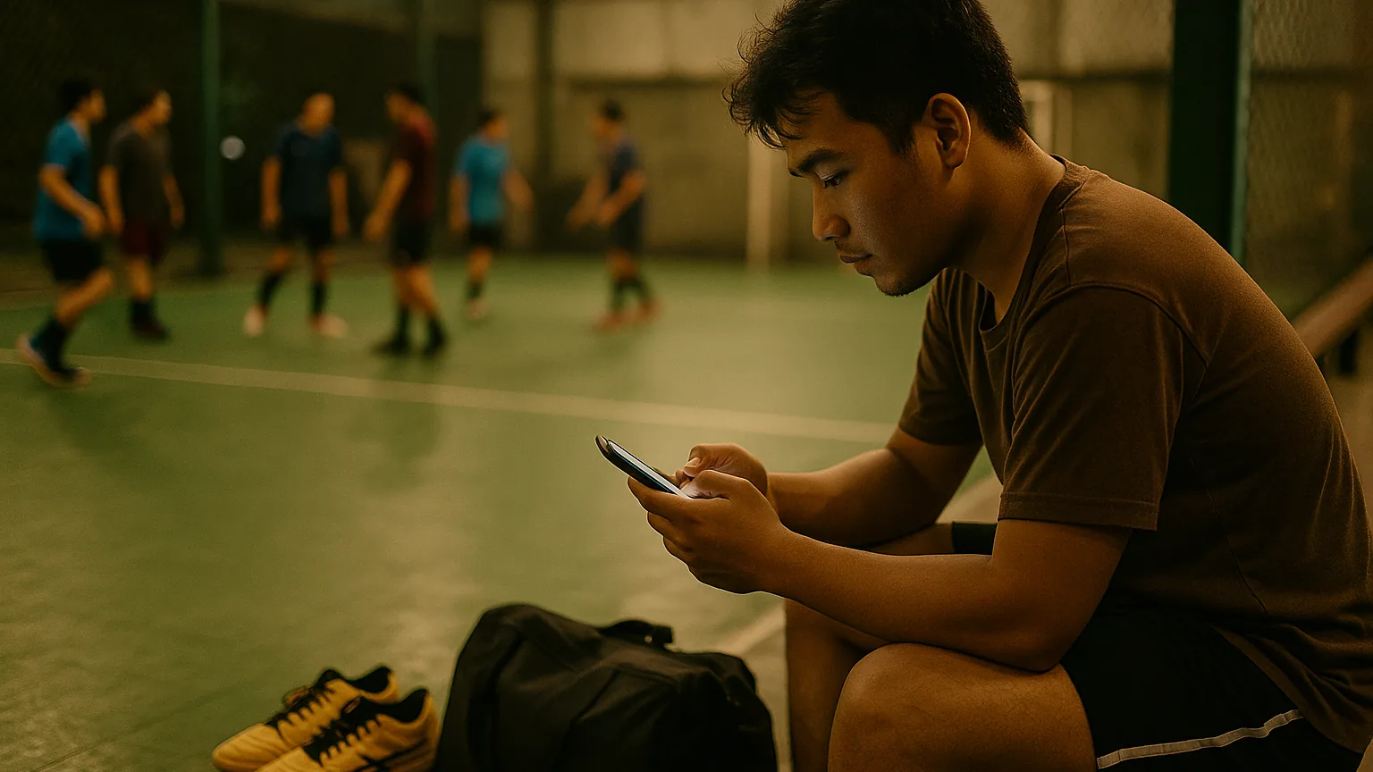 Anggota baru membaca pesan sambutan hangat di ponselnya di sisi lapangan futsal indoor di Jakarta