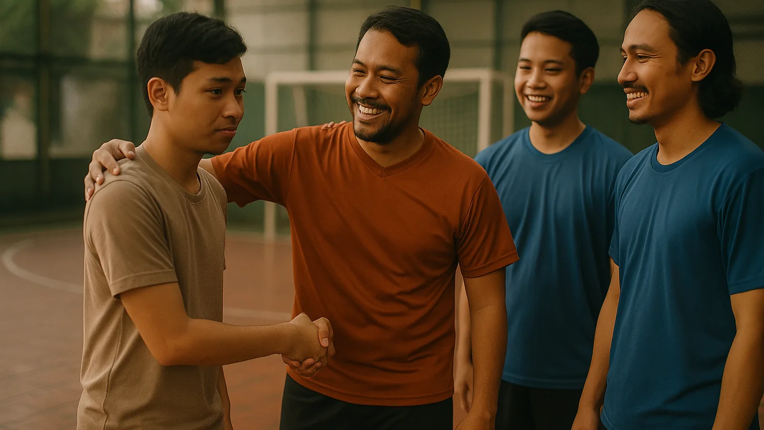 Kapten tim futsal mengenalkan anggota baru yang gugup kepada dua pemain lain sebelum main malam