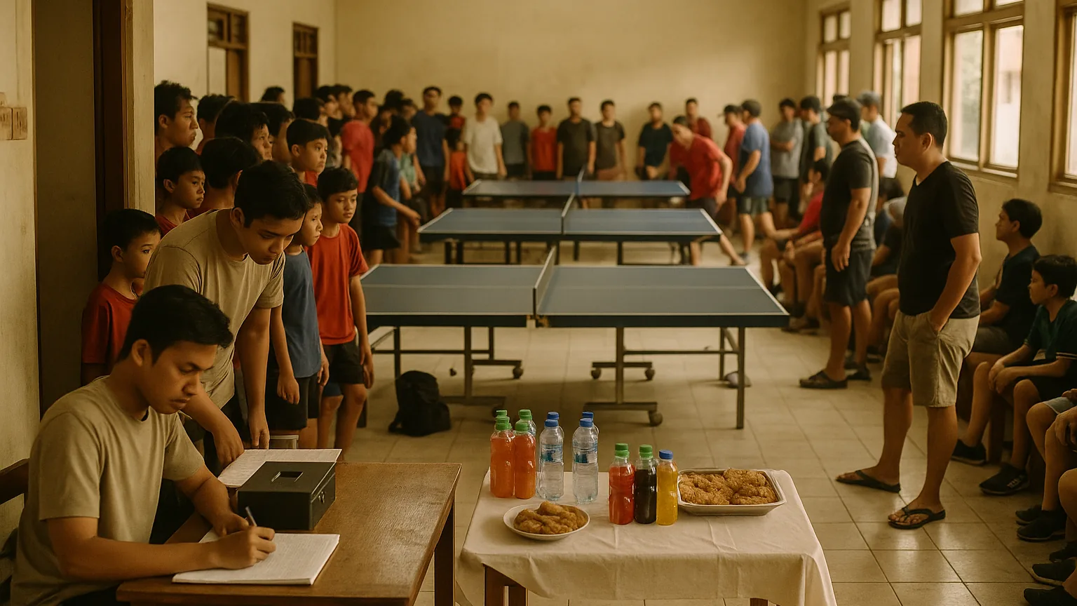 Penonton dan pemain mengelilingi meja pada turnamen tenis meja komunitas, dengan meja pendaftaran kecil dekat pintu