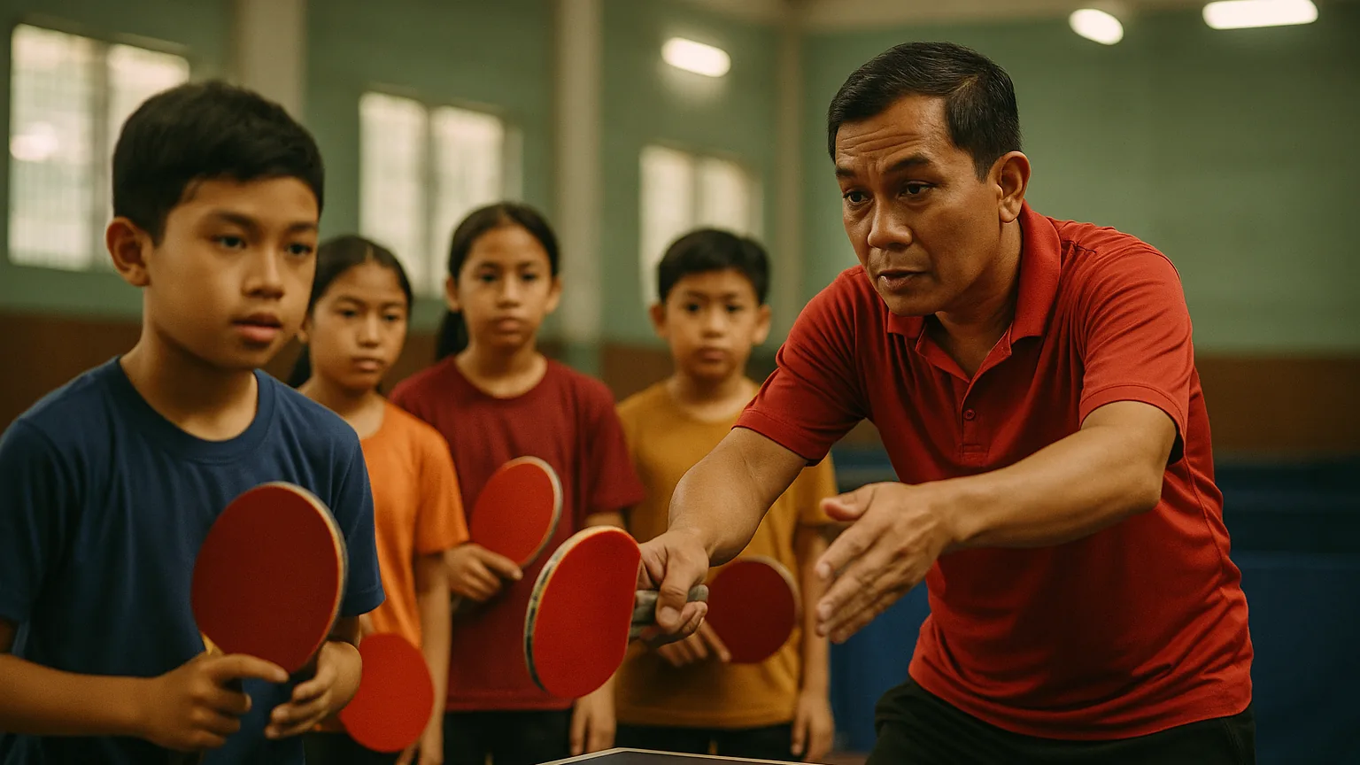 Pelatih memandu sekelompok pemain muda dalam latihan tenis meja di aula olahraga dalam ruangan
