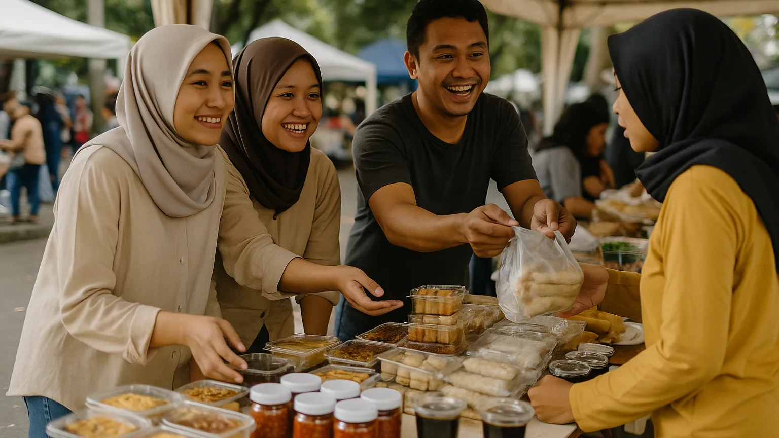 Anggota komunitas usaha makanan kecil membuka lapak bersama di bazar Bandung, dengan kue rumahan, toples sambal, dan kopi di meja