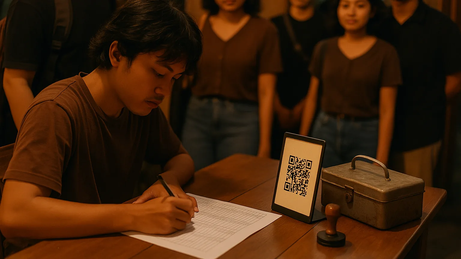 Relawan di pintu gig kecil mencentang nama di daftar tercetak sementara standee QRIS ada di atas meja