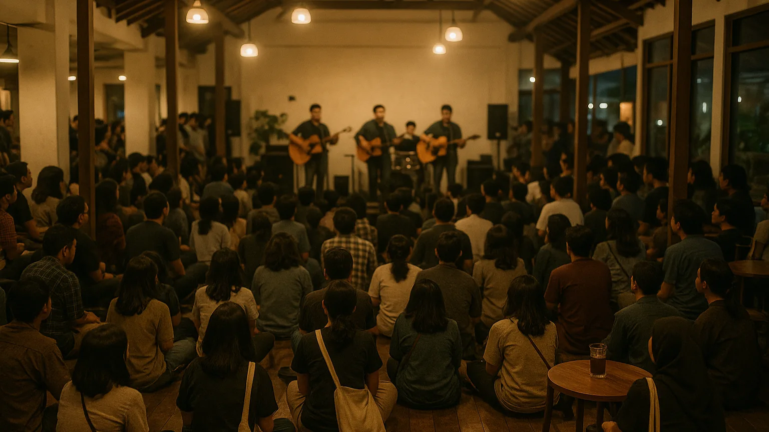 Gig kecil yang padat di lantai dua kafe di Indonesia, sebuah band bermain di depan kerumunan hangat sekitar seratus orang