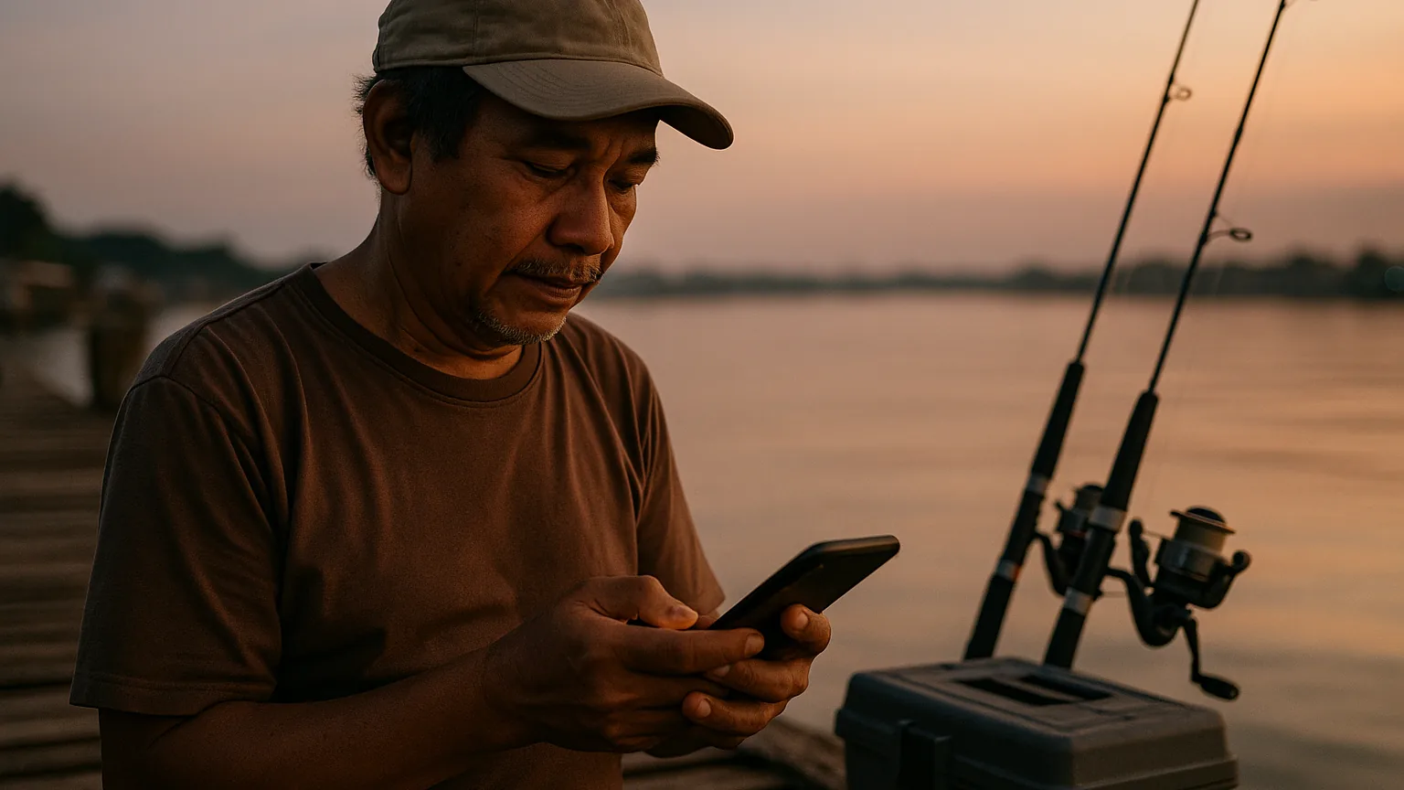 Pemancing di dermaga pantai sebelum subuh mengecek pesan WhatsApp di ponselnya, joran di sampingnya