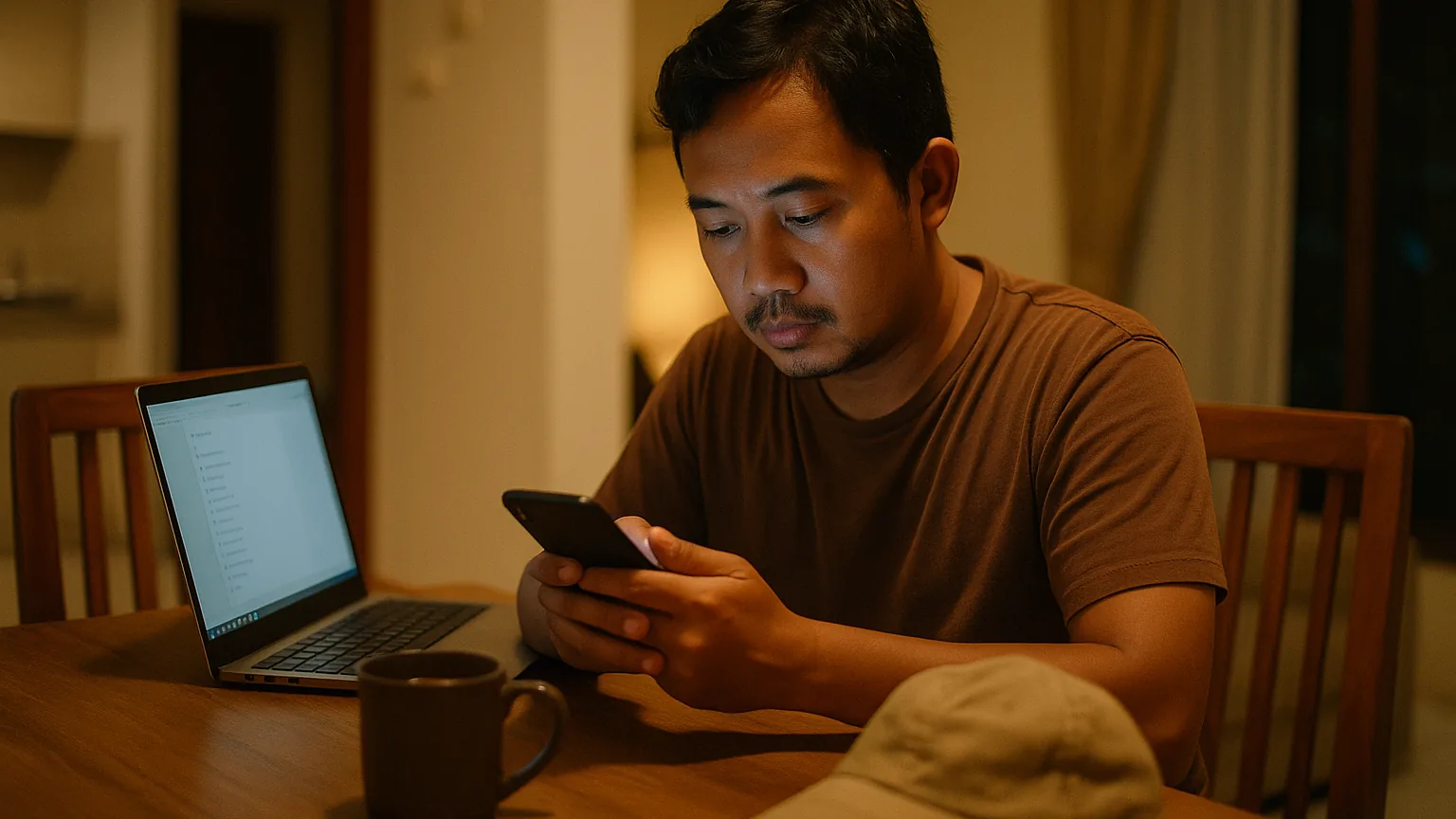 Pengurus klub mancing duduk di rumah mengetik pengumuman trip di ponsel, laptop dengan daftar anggota terbuka di sampingnya