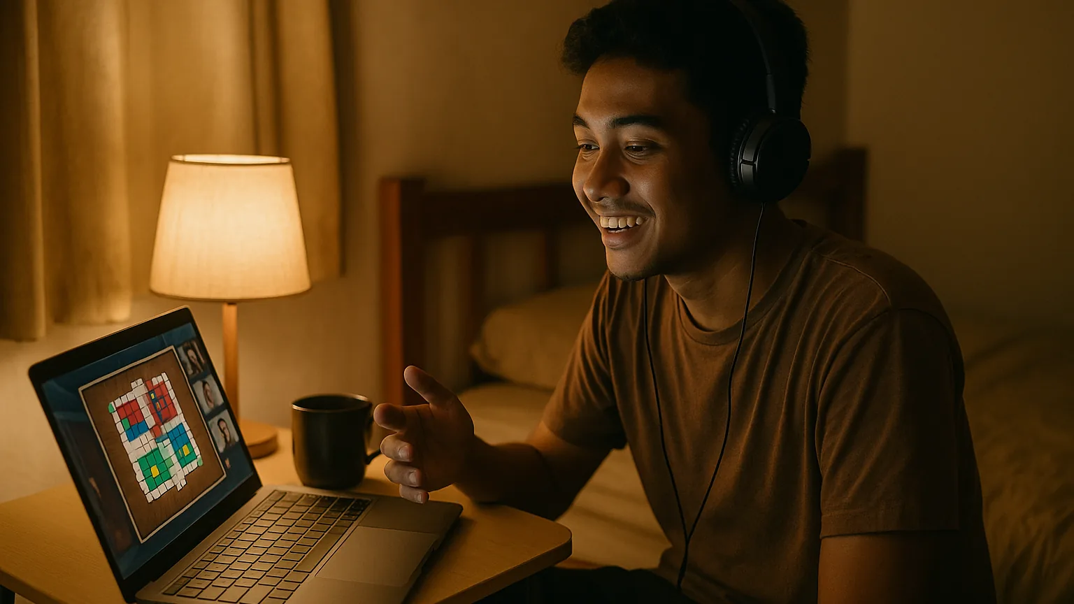 Seorang anggota di rumah bermain board game daring bersama teman-teman lewat panggilan video