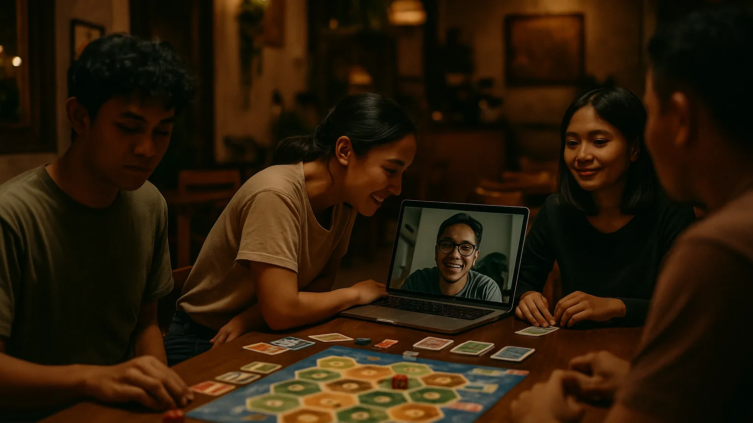 Malam board game di sebuah kafe dengan laptop di atas meja menghubungkan anggota yang ikut dari jauh