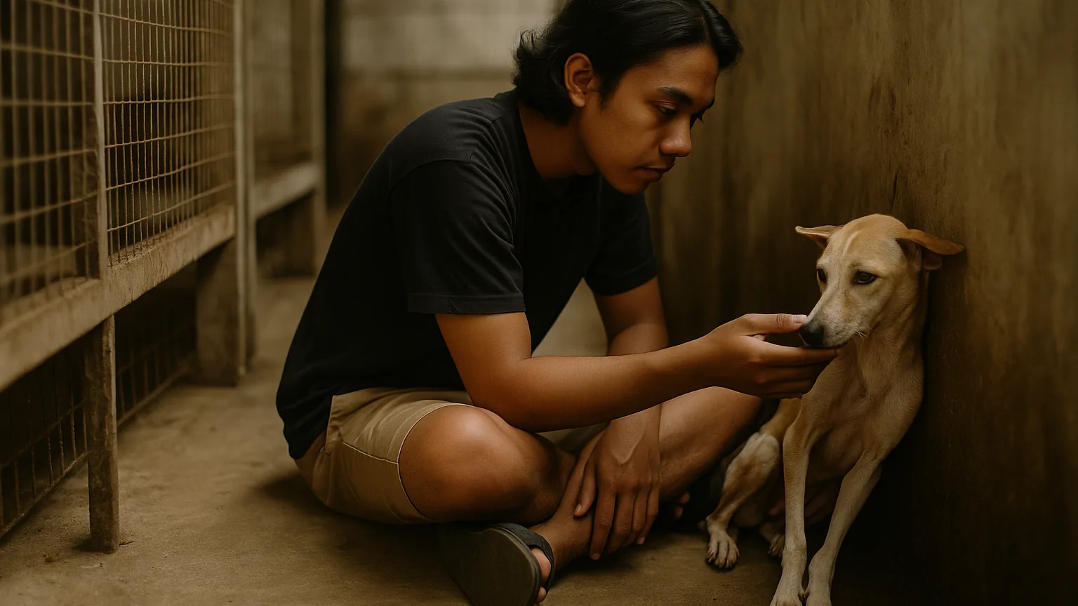 Seorang relawan duduk tenang di lantai penampungan menenangkan anjing selamatan yang ketakutan