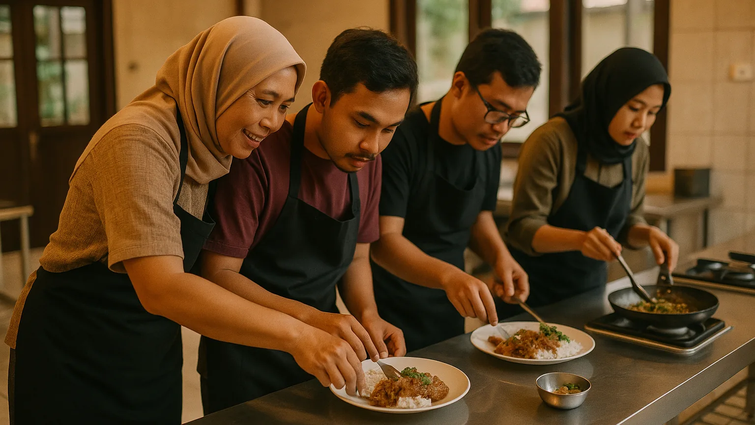 Anggota baru memasak bersama di meja dapur panjang saat kelas masak komunitas di Bandung