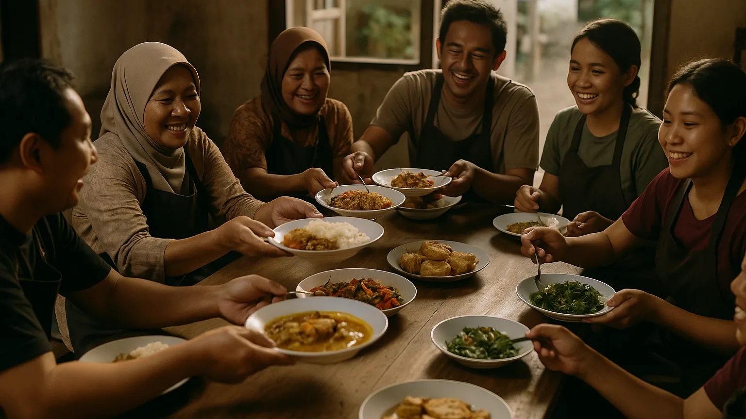 Anggota kelas masak komunitas duduk bersama di meja panjang menikmati masakan yang mereka buat