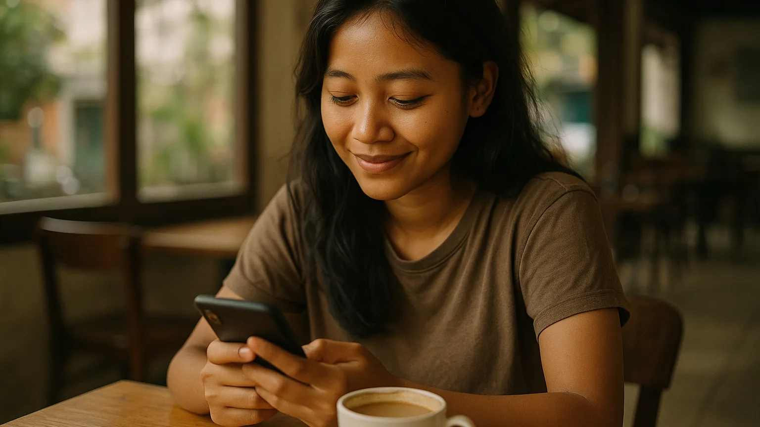 Anggota baru membaca pesan sambutan di ponselnya di sebuah kafe