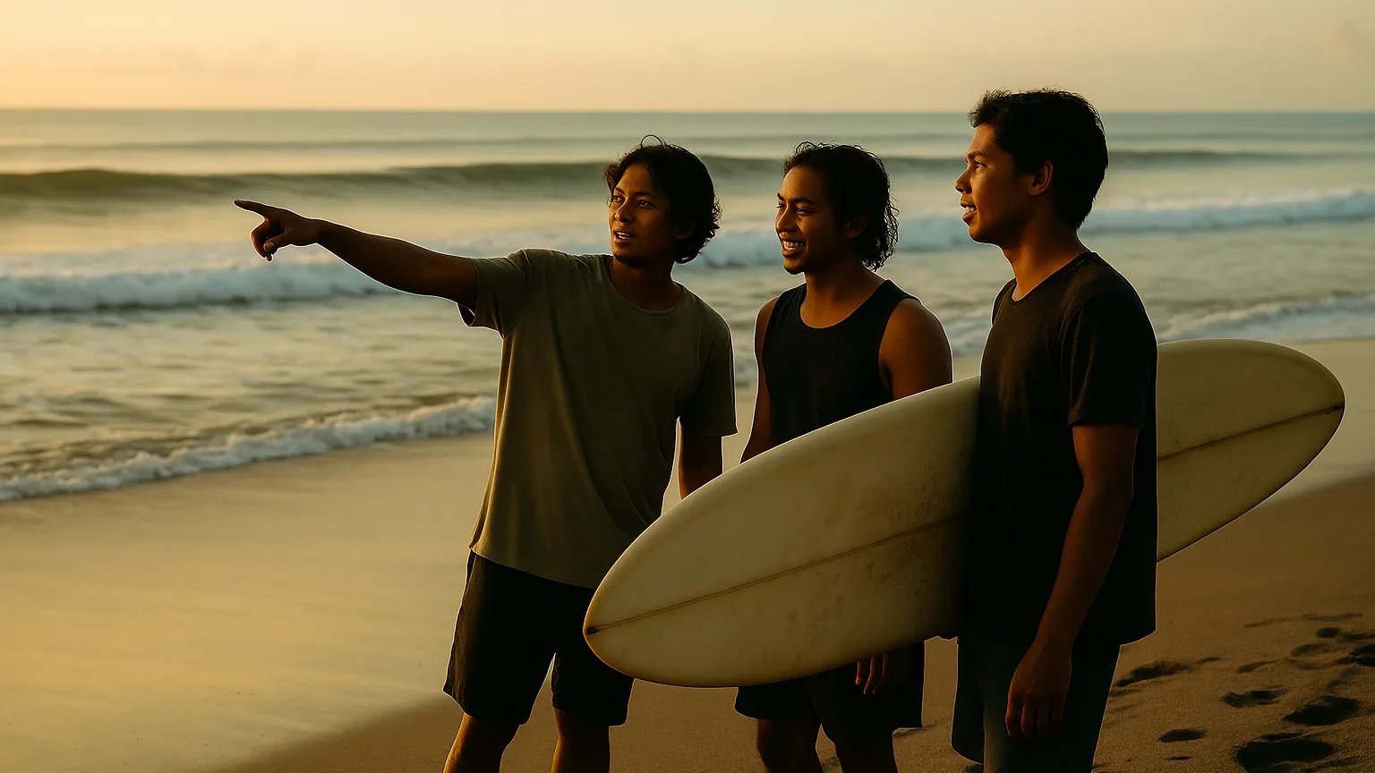 Peselancar di pantai Canggu mengecek ombak pagi bersama saat fajar